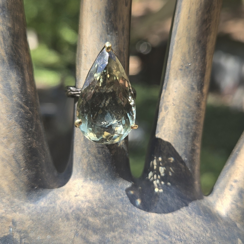 24k Green Amethyst Natural Gem Sterling Rhodium & 24k Gold Ring Sz7.5 - Picture 7 of 13
